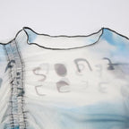 Drawstring long sleeve sheer mesh see through ruched contrast top