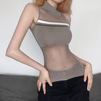 Crochet striped sleeveless high neck hollow out patchwork top