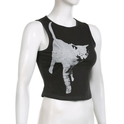 Cat pattern contrast sleeveless crewneck top