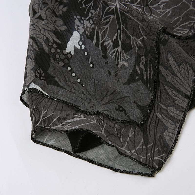 Chiffon zip-up irregular leaf print contrast mini skirt