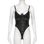 Metal chain lace up mesh low cut backless bodysuit