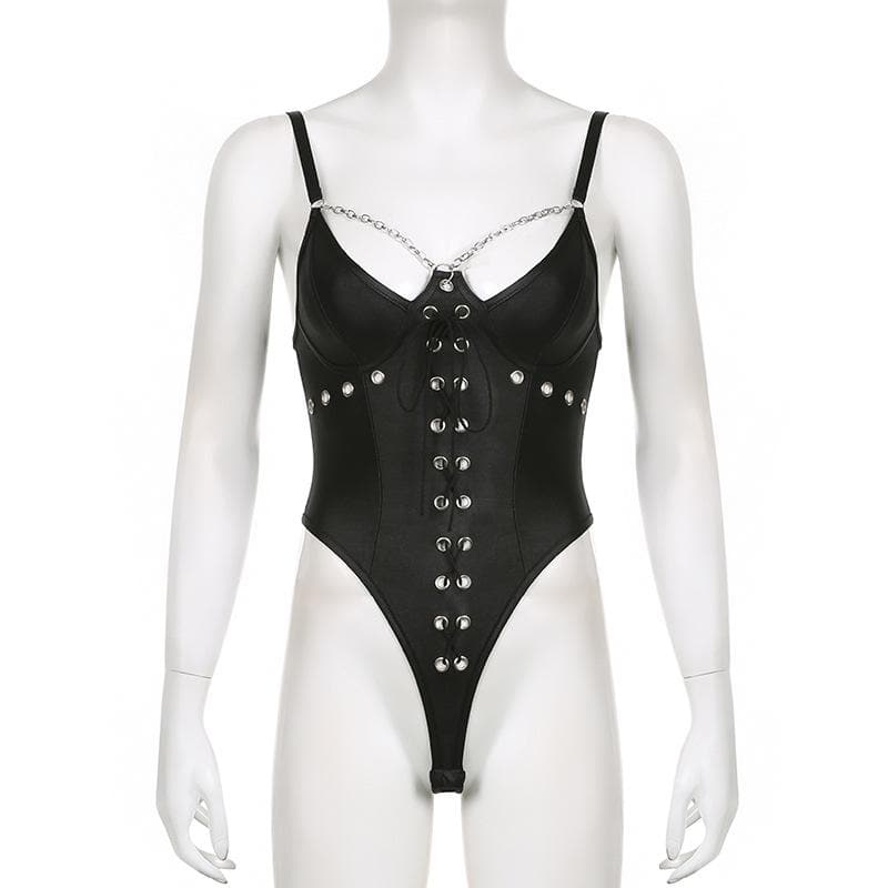 Metal chain lace up mesh low cut backless bodysuit