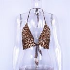 Leopard print contrast o ring halter backless self tie crop top