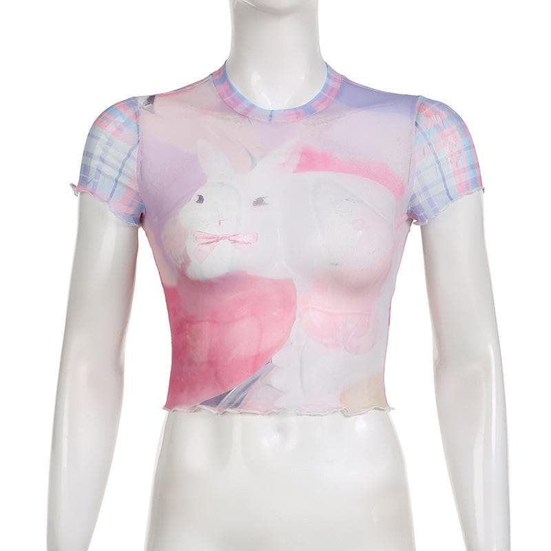Short sleeve plaid sheer mesh see through rabbit pattern ruffle top