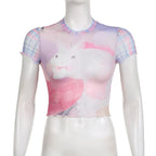 Short sleeve plaid sheer mesh see through rabbit pattern ruffle top