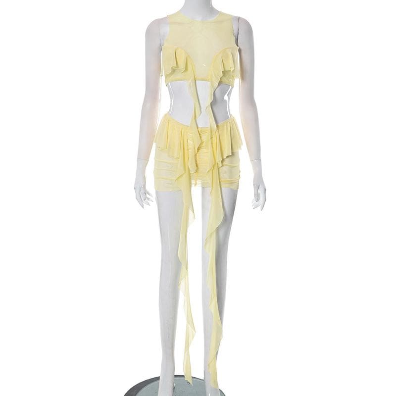 Sheer mesh see through solid ruffle ribbon sleeveless mini skirt set