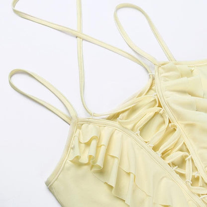 Crop Top mit überkreuzter Vorderseite, ausgehöhlt, einfarbig, Neckholder, Schnürung und Rüschen 