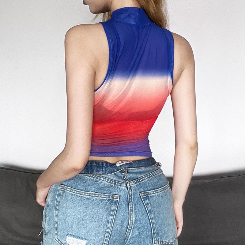 Sheer mesh see through gradient sleeveless high neck top