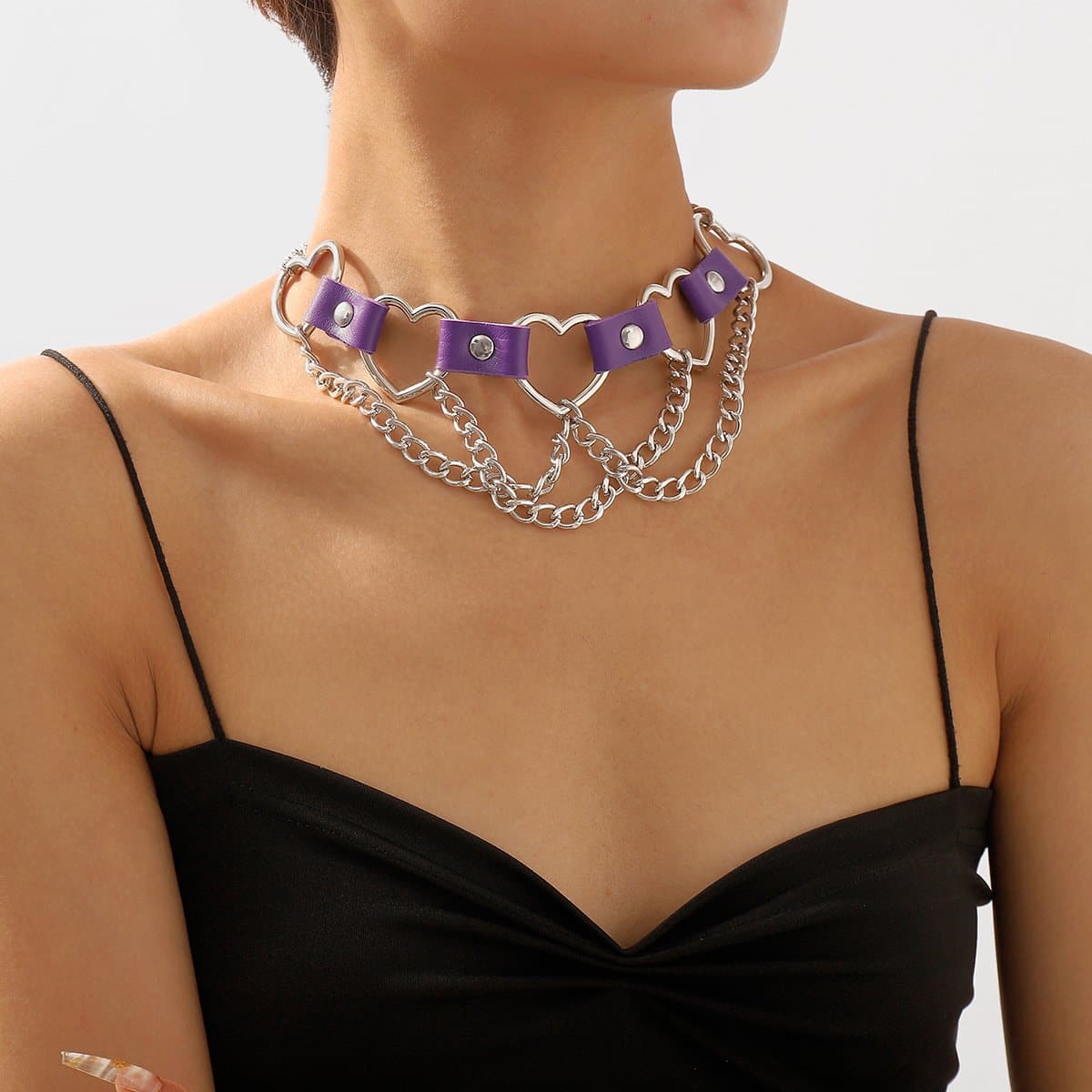 Heart Ring Pu Chain Layered Choker Necklace