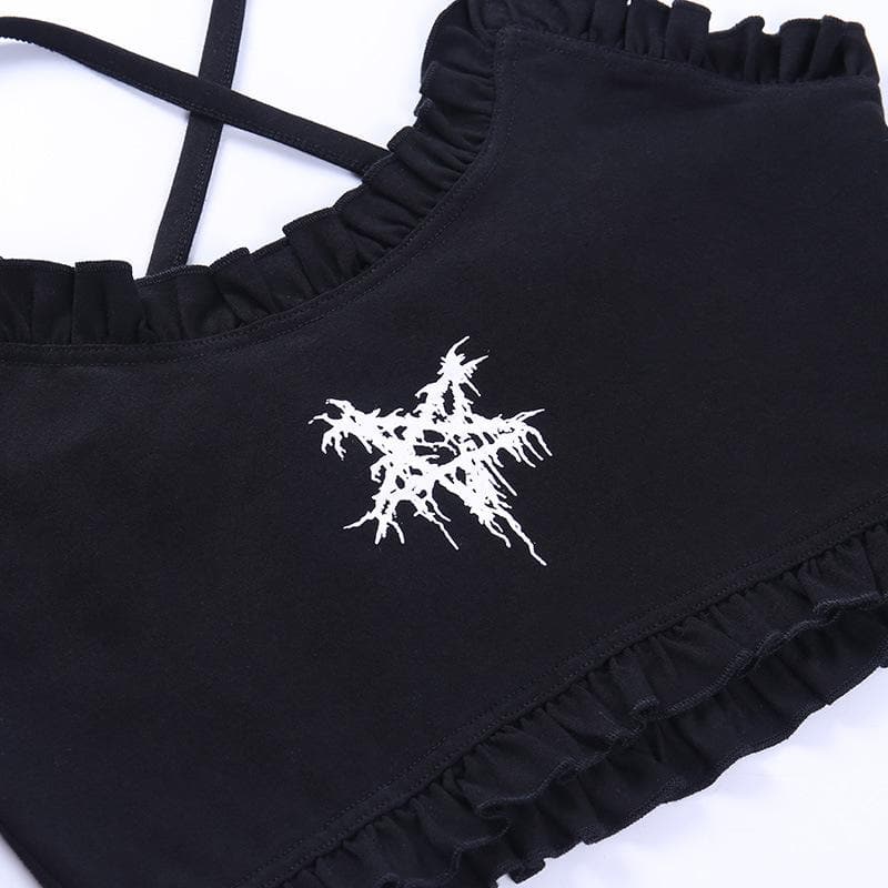 Cross back ruffle backless star pattern crop top