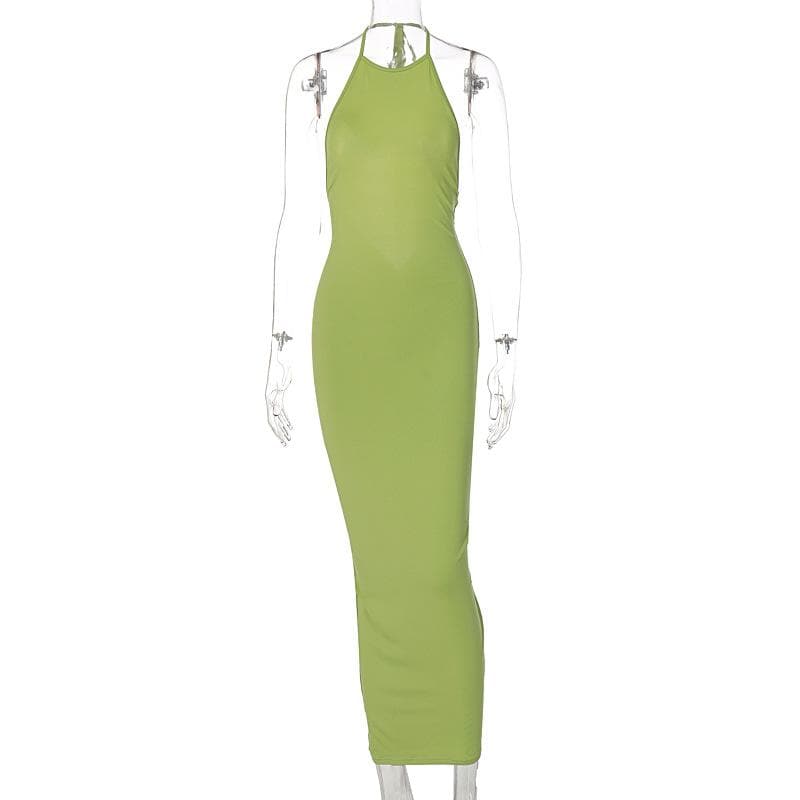 Backless solid ruched self tie halter maxi dress