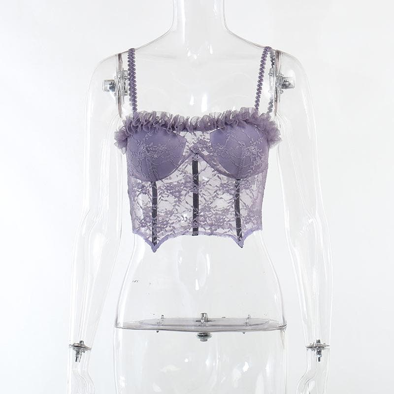 Backless lace bustier ruffle solid cami crop top