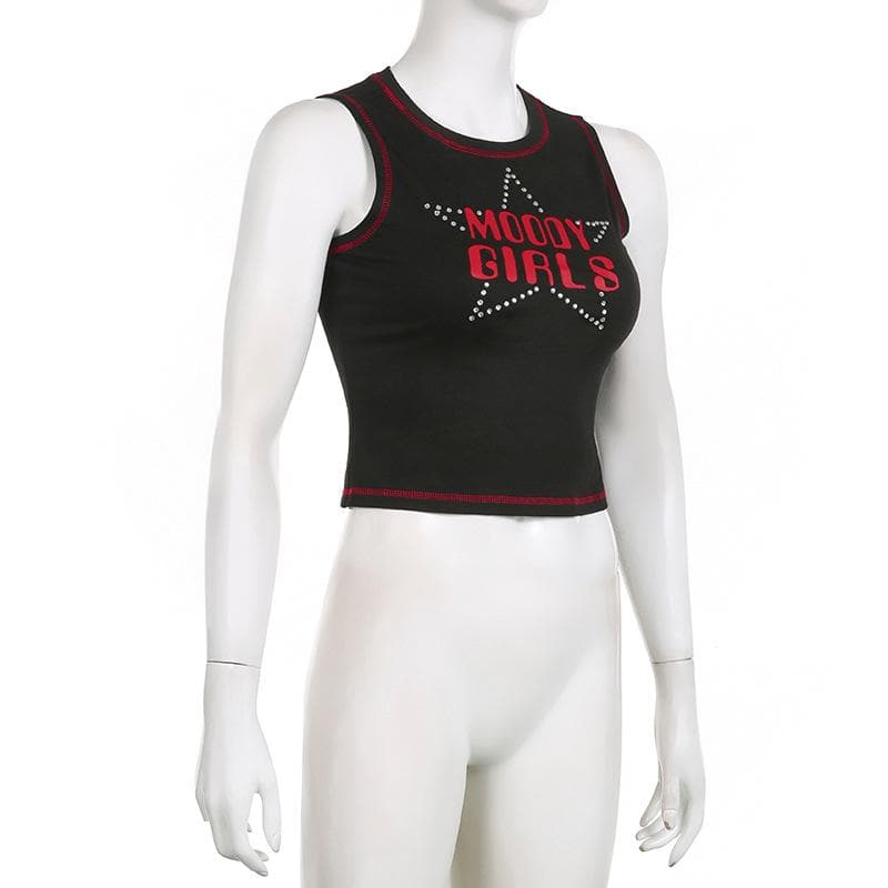 Star pattern beaded contrast stitch sleeveless crop top