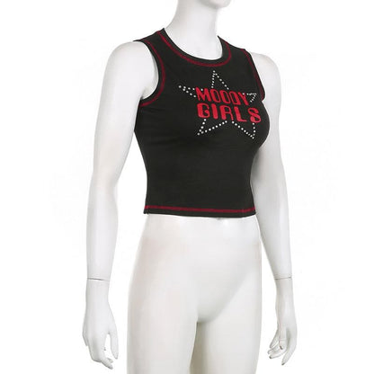 Star pattern beaded contrast stitch sleeveless crop top
