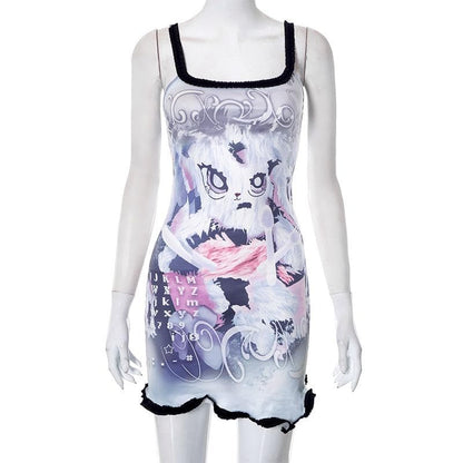 Comic pattern contrast ruffle backless square neck sleeveless mini dress