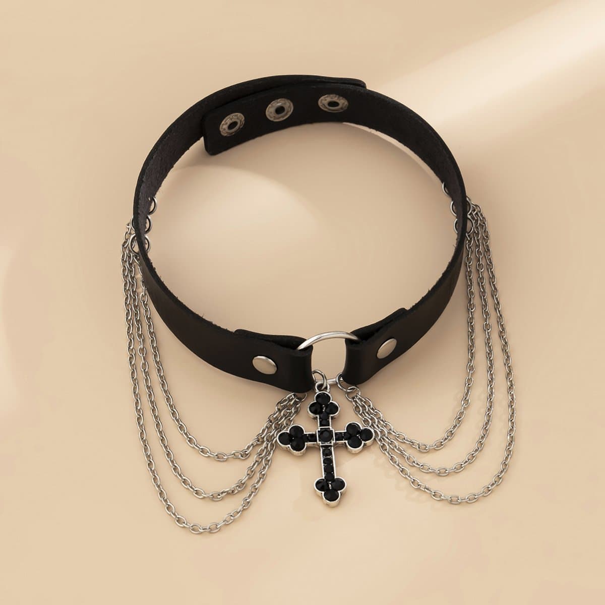 Cross button PU layered choker necklace