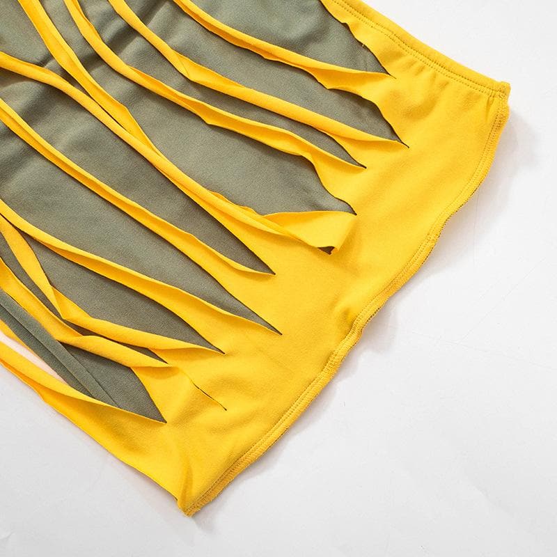 Contrast low cut hollow out self tie irregular mini skirt