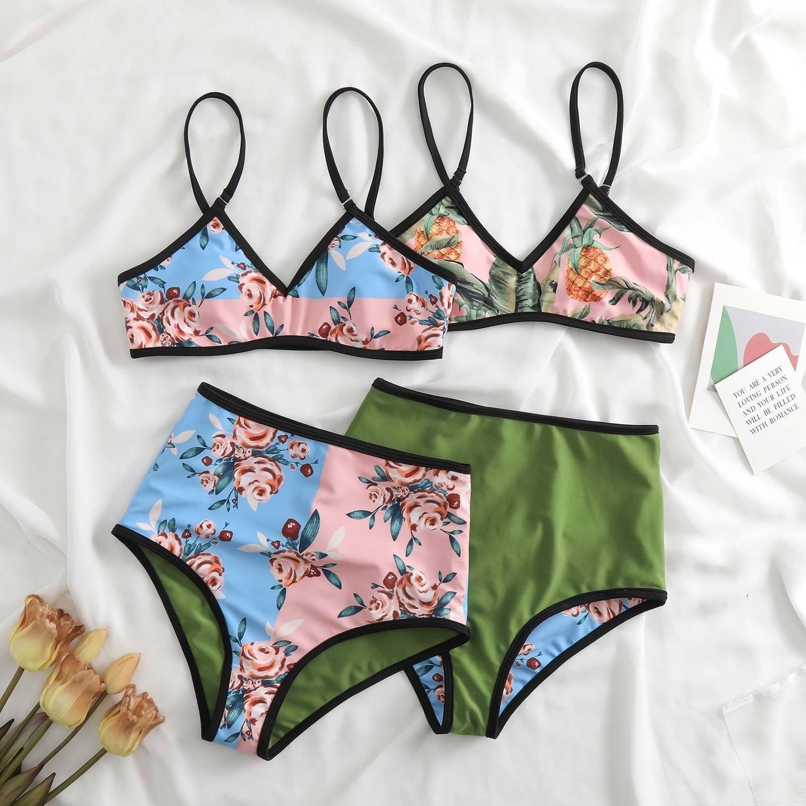 Costume da bagno 3 pezzi con canotta bidirezionale e scollo a V a contrasto con stampa floreale