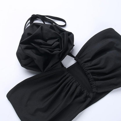 Hollow out ruched flower applique slit halter maxi skirt set
