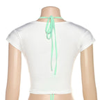 Short sleeve contrast 2 piece hollow out front crop top