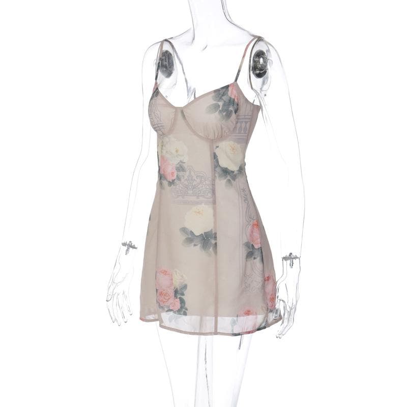 Miniabito con scollo a V e zip a contrasto, stampa floreale in chiffon