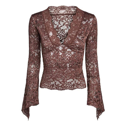 Top trasparente in pizzo con scollo a V e maniche svasate