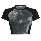 Patchwork short sleeve tie dye contrast star applique crop top