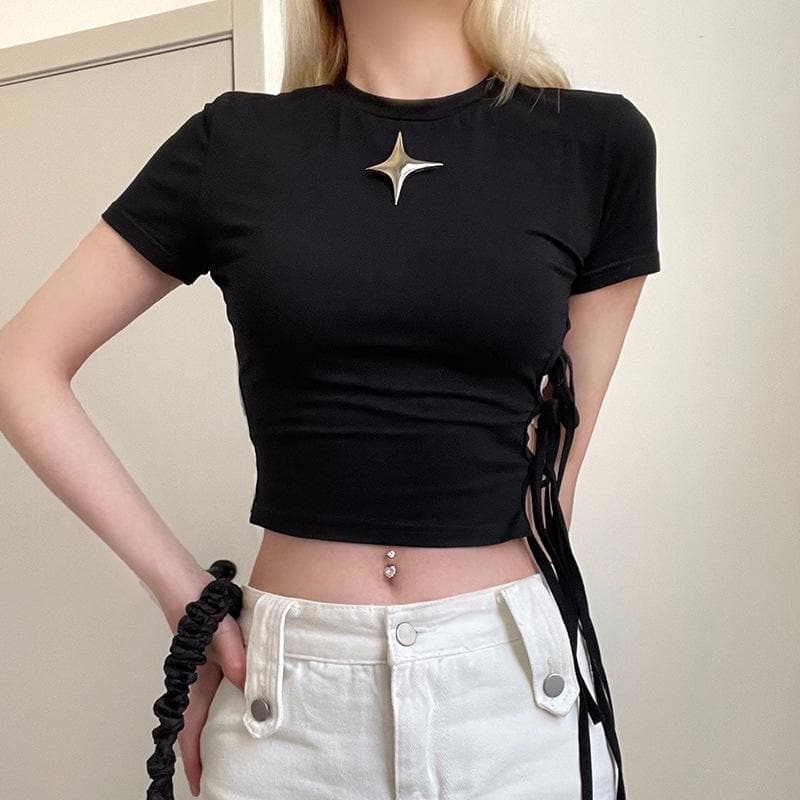 Crewneck short sleeve star applique self tie solid crop top