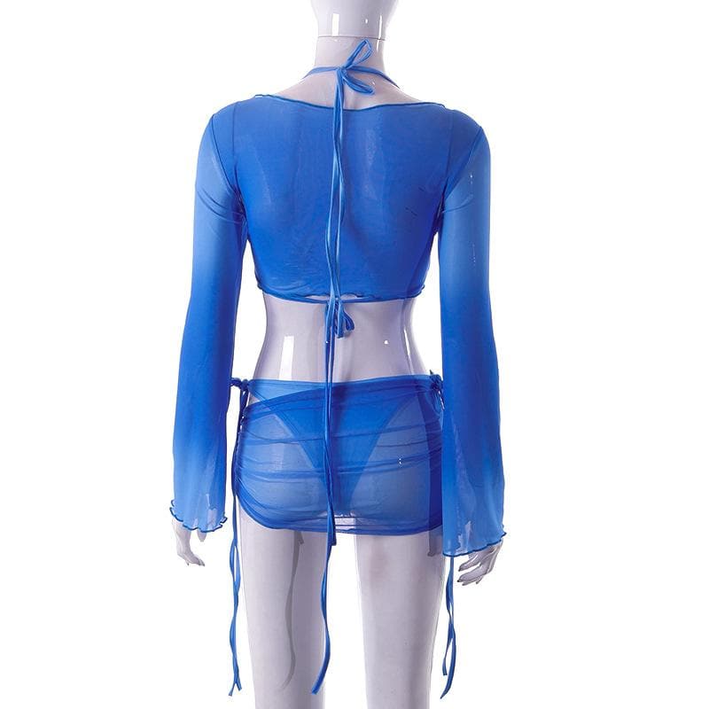 Mesh Long Sleeve Halter Self Tie V Neck Solid Ruffle Shrug Skirt Set
