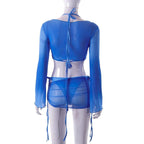 Mesh Long Sleeve Halter Self Tie V Neck Solid Ruffle Shrug Skirt Set