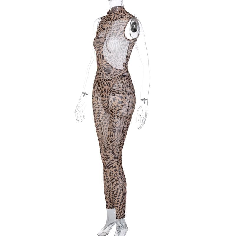Durchsichtiges Bodysuit-Hosenset aus transparentem Netzstoff mit hohem Halsausschnitt und ärmellosem Sternmuster 