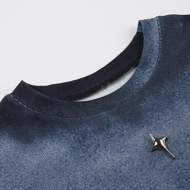 Tie dye short sleeve star applique crewneck crop top