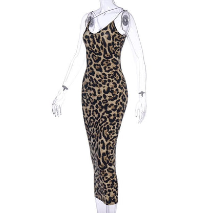 Leopard print contrast spaghetti strap u neck backless midi dress