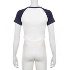 Crewneck star pattern patchwork short sleeve contrast top