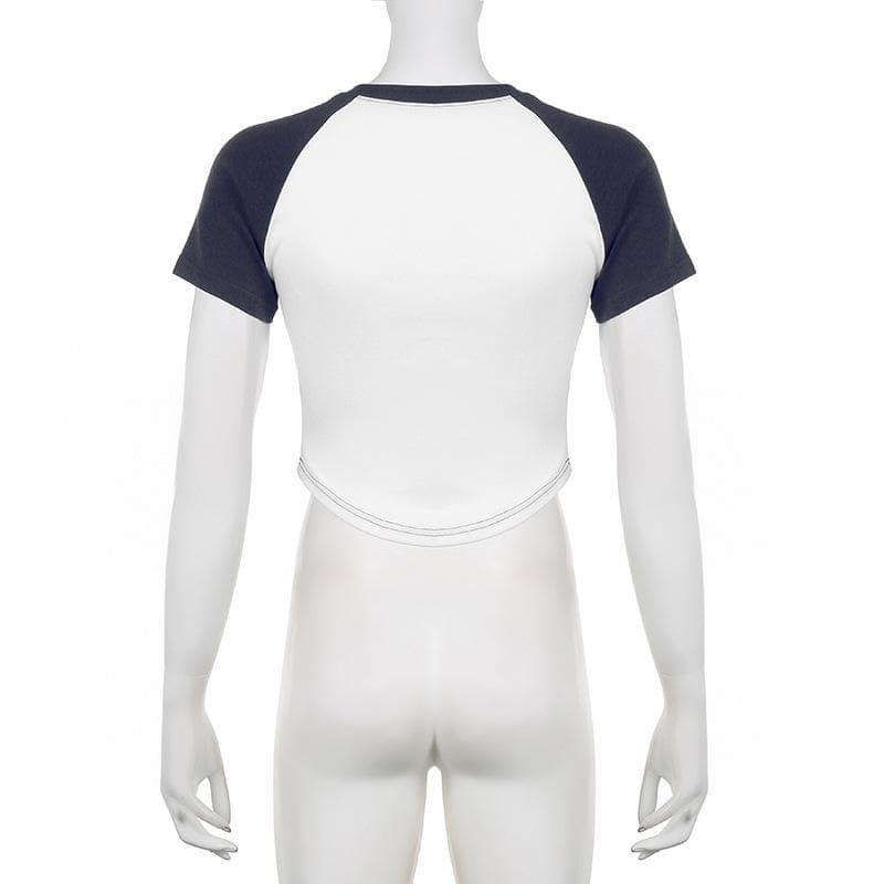 Crewneck star pattern patchwork short sleeve contrast top