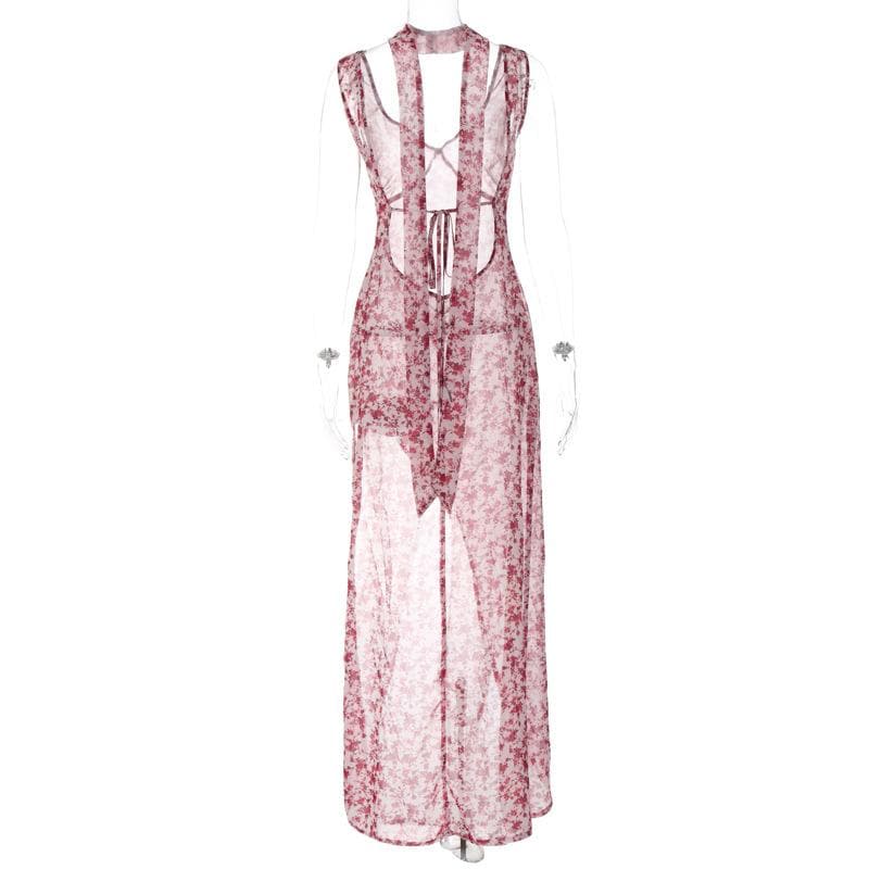 Abito lungo senza maniche con scollo a V e schiena scoperta a contrasto con stampa floreale in chiffon 