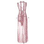 Abito lungo senza maniche con scollo a V e schiena scoperta a contrasto con stampa floreale in chiffon 