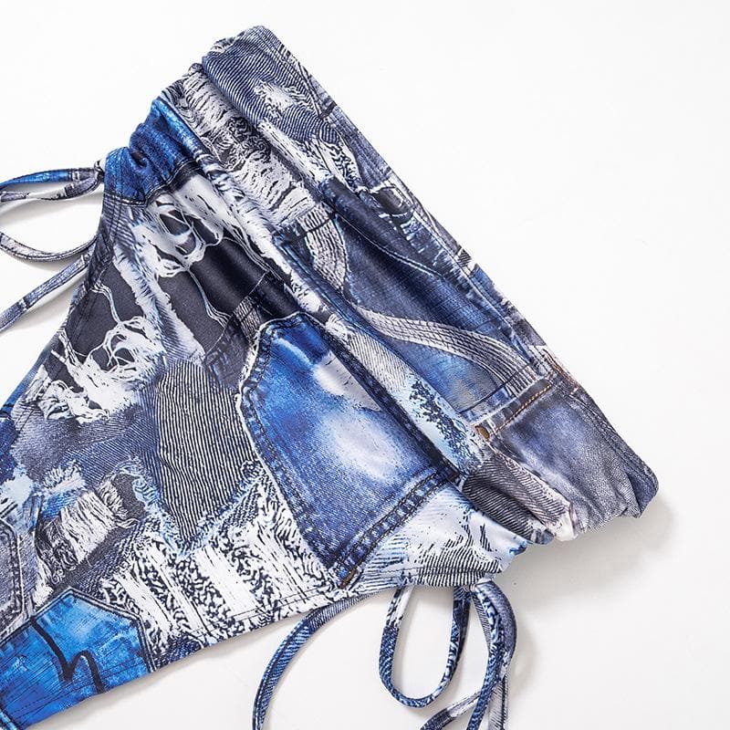 Denim print contrast drawstring self tie backless tube mini skirt set