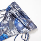 Denim print contrast drawstring self tie backless tube mini skirt set