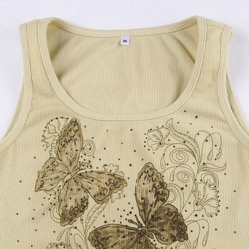 Ribbed butterfly pattern sleeveless contrast beaded crop top