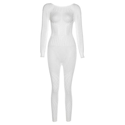 Fishnet long sleeve hollow out backless solid see through jumpsuit