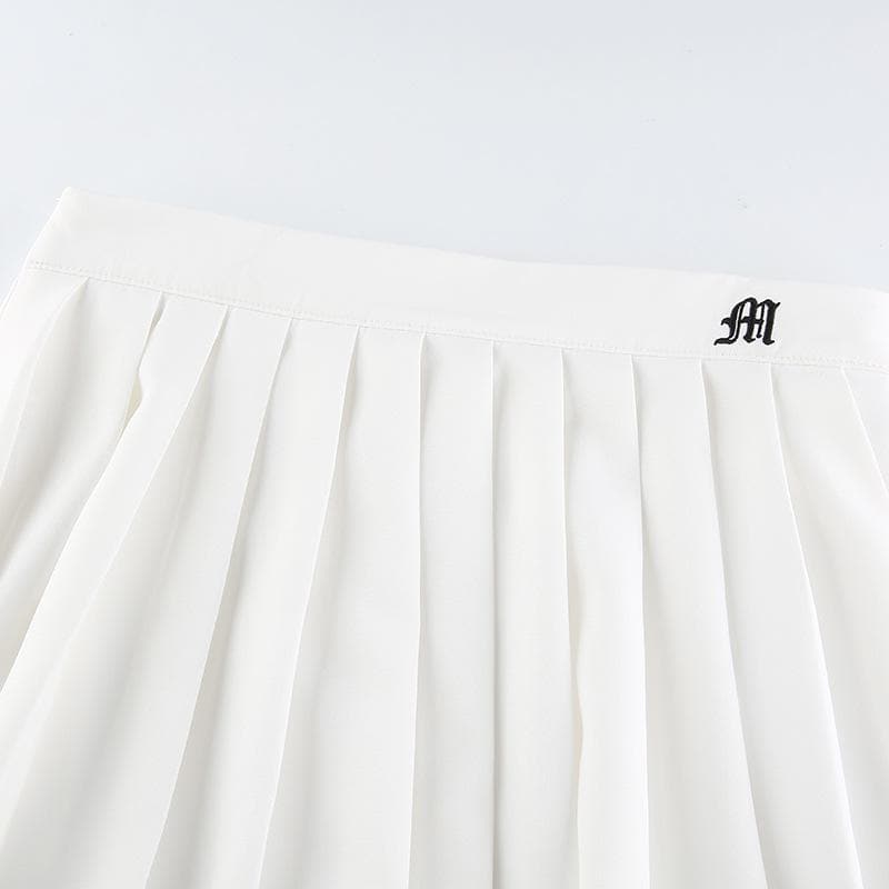 Pleated embroidery A line solid zip-up mini skirt
