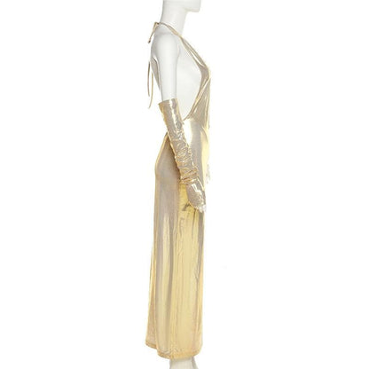 Neckholder-Maxikleid mit V-Ausschnitt und rückenfreien Handschuhen zum Selbstbinden in Metallic