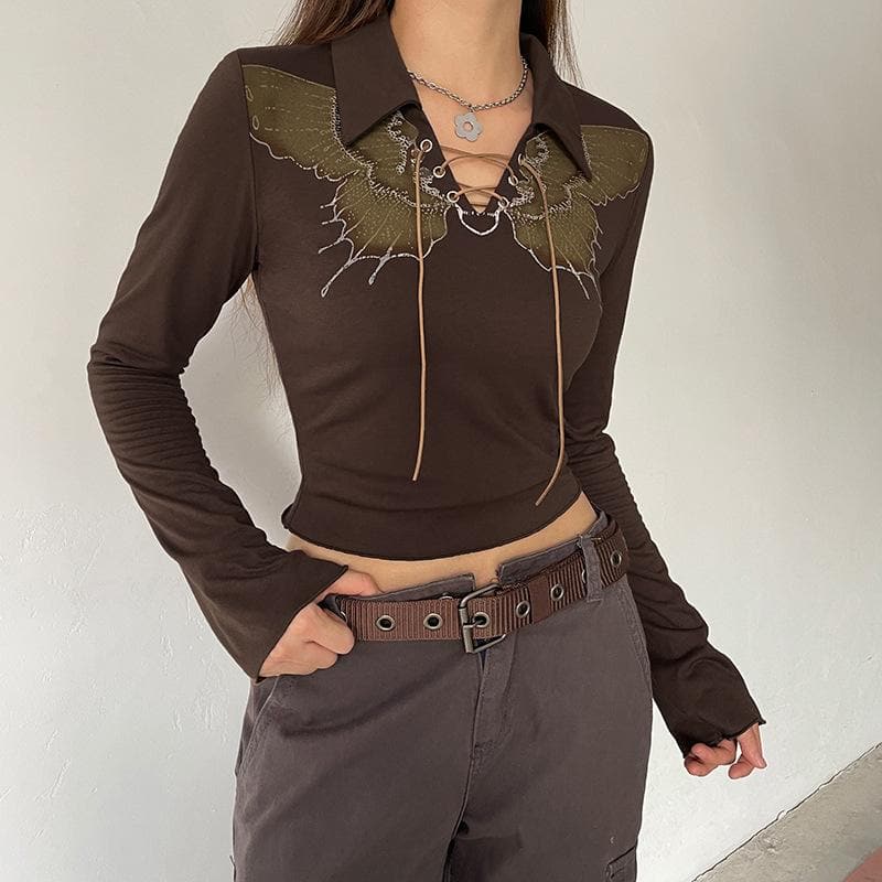 Long sleeve contrast turnover collar butterfly pattern lace up crop top - Final Sale