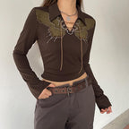 Long sleeve contrast turnover collar butterfly pattern lace up crop top - Final Sale