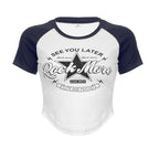 Crewneck star pattern patchwork short sleeve contrast top
