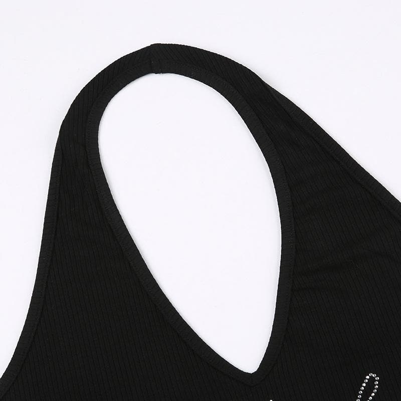 Halter beaded backless metal chain crop top