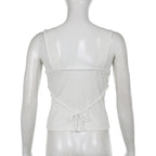 Lace patchwork solid v neck self tie sleeveless top