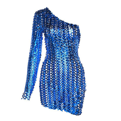 Irregular hollow out long sleeve metallic textured one shoulder mini dress