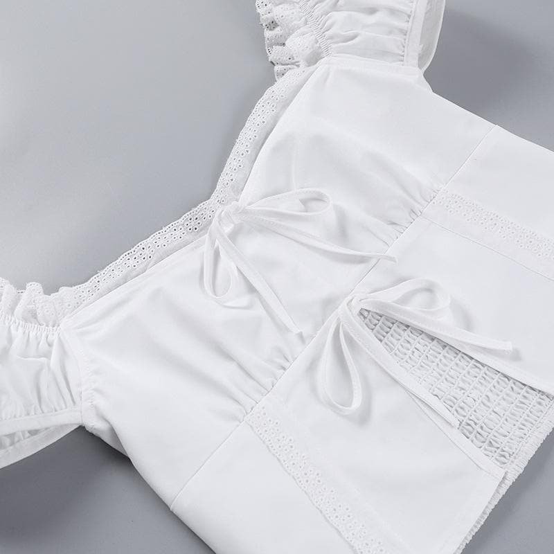 Smocked puff sleeve solid ruffle slit backless crop top
